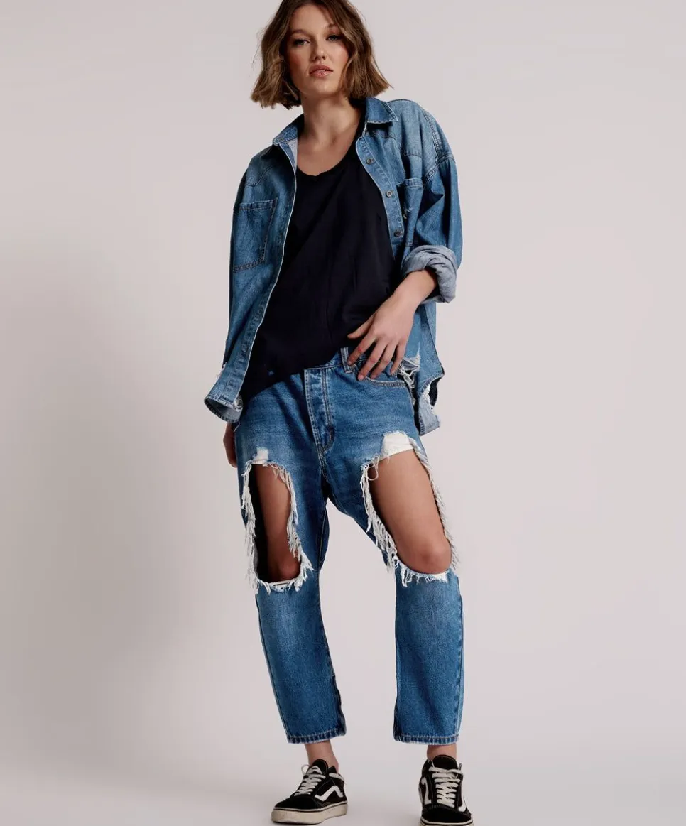 Denim Jeans|ONE TEASPOON Bay Blue Kingpins Cropped Boyfriend Jeans