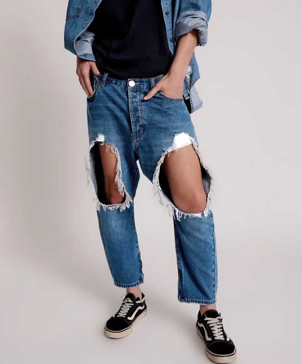 Denim Jeans|ONE TEASPOON Bay Blue Kingpins Cropped Boyfriend Jeans