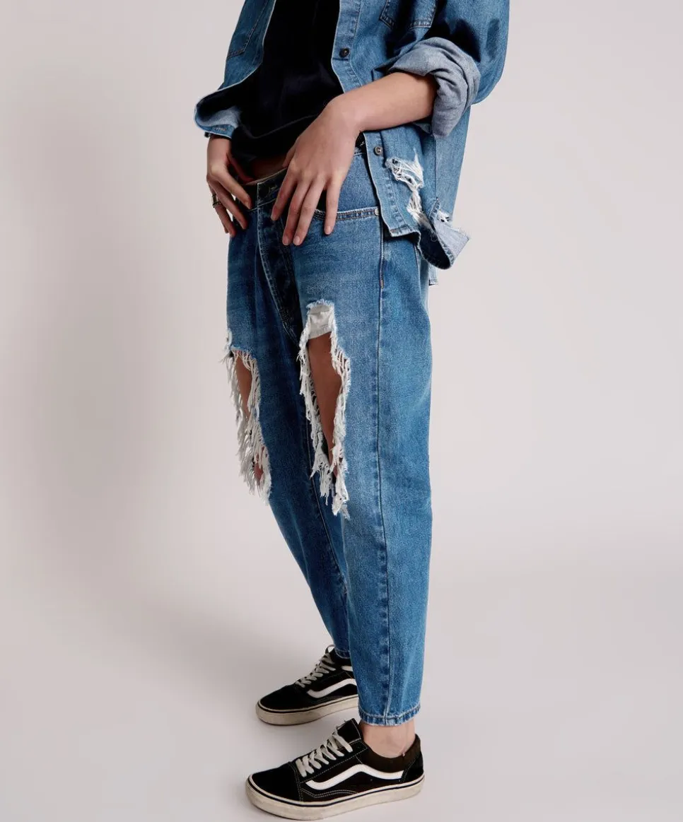 Denim Jeans|ONE TEASPOON Bay Blue Kingpins Cropped Boyfriend Jeans