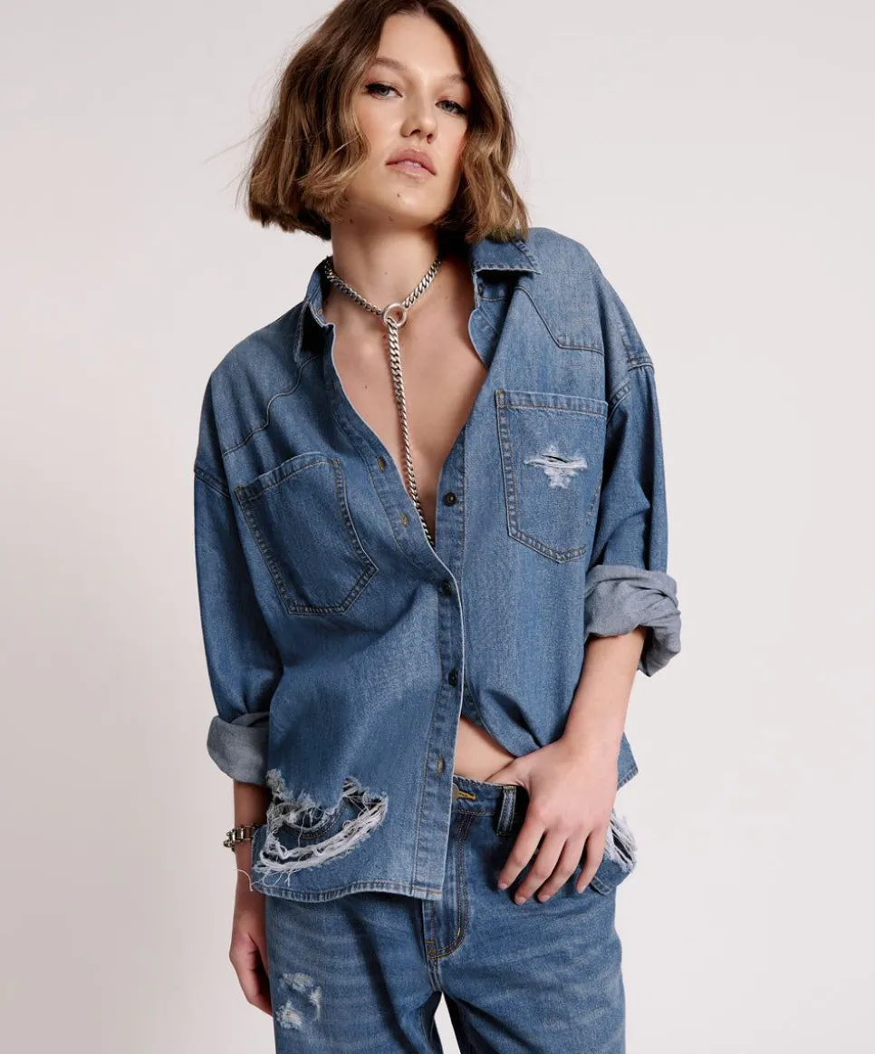 Shirts|ONE TEASPOON Bay Blue Oversized Revolver Shirt