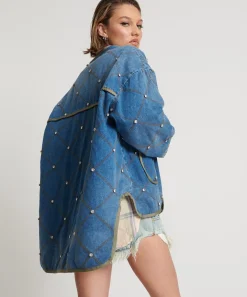 Jackets|ONE TEASPOON Bay Blue Quilted Crystal Studded Jacket