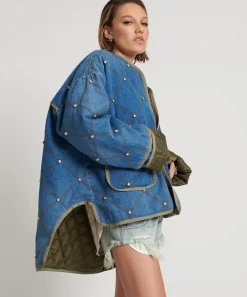 Jackets|ONE TEASPOON Bay Blue Quilted Crystal Studded Jacket