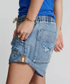 Denim Shorts|ONE TEASPOON Berlin Blue Shabby Bandit Drawstring Boyfriend Shorts