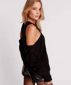 Tops|ONE TEASPOON Black Cold Shoulder Cut Out Slouch Long Sleeve Knit