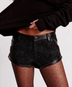 Bottoms|ONE TEASPOON Black Crystal Embellished Low Waist Leather Bandit Shorts