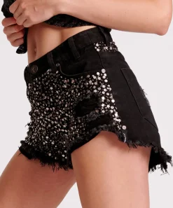 Denim Shorts|ONE TEASPOON Black Hand Embellished Le Wolves Denim Shorts