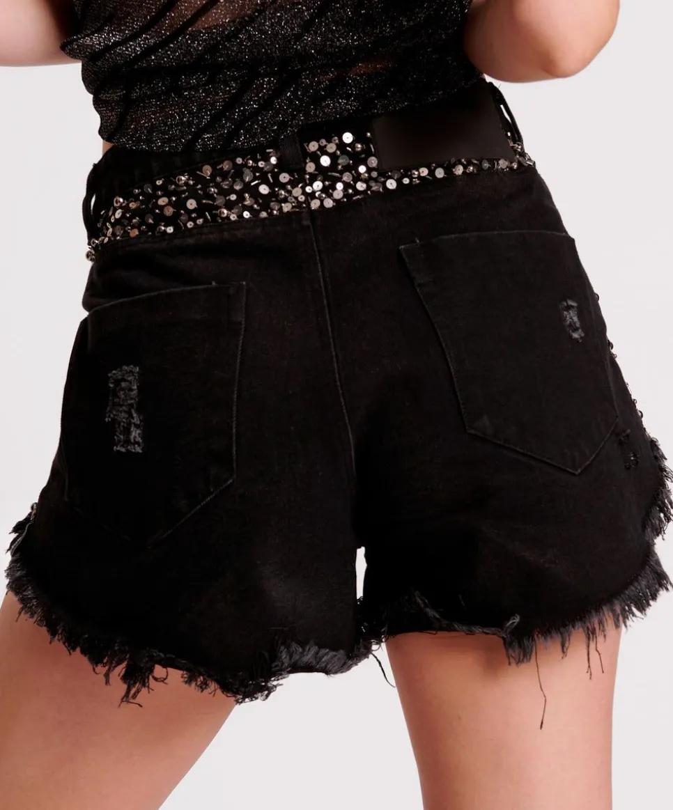 Denim Shorts|ONE TEASPOON Black Hand Embellished Le Wolves Denim Shorts