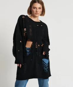 Knitwear|ONE TEASPOON Black Hercules Shredded Sweater