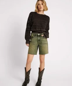 Denim Shorts|ONE TEASPOON Black Khaki Jackson Mid Waist Wide Leg Shorts