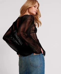 Tops|ONE TEASPOON Black Ladder Stripe Sheer Knit Sweater