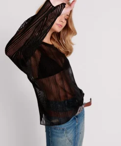 Tops|ONE TEASPOON Black Ladder Stripe Sheer Knit Sweater