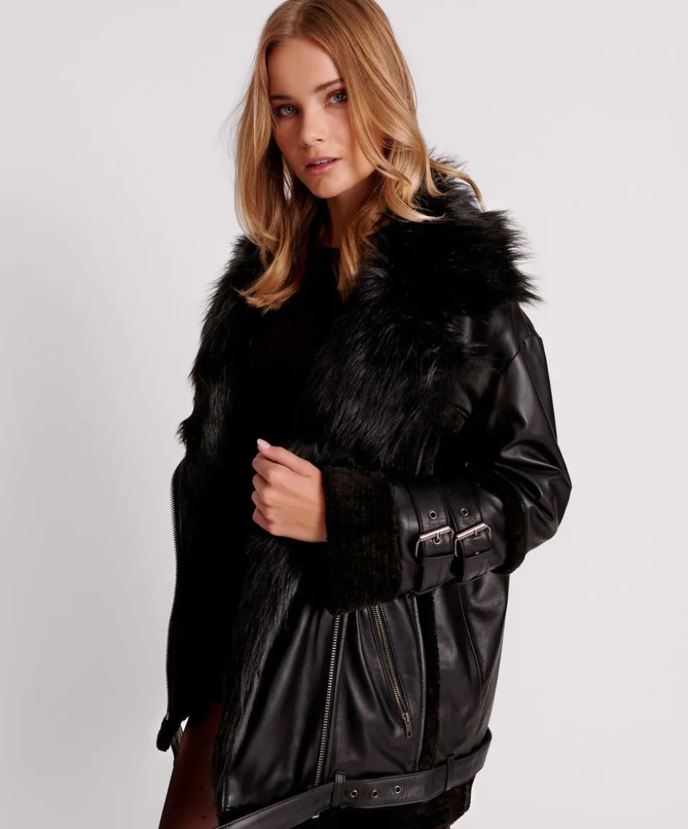 Leather Jackets|ONE TEASPOON Black Leather Faux Fur Aviator Jacket