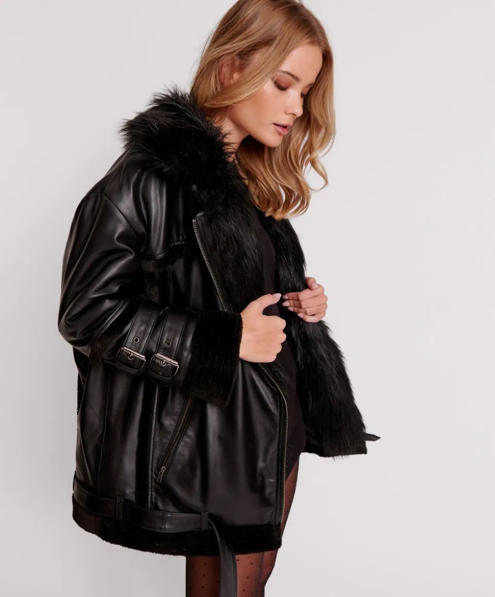 Leather Jackets|ONE TEASPOON Black Leather Faux Fur Aviator Jacket