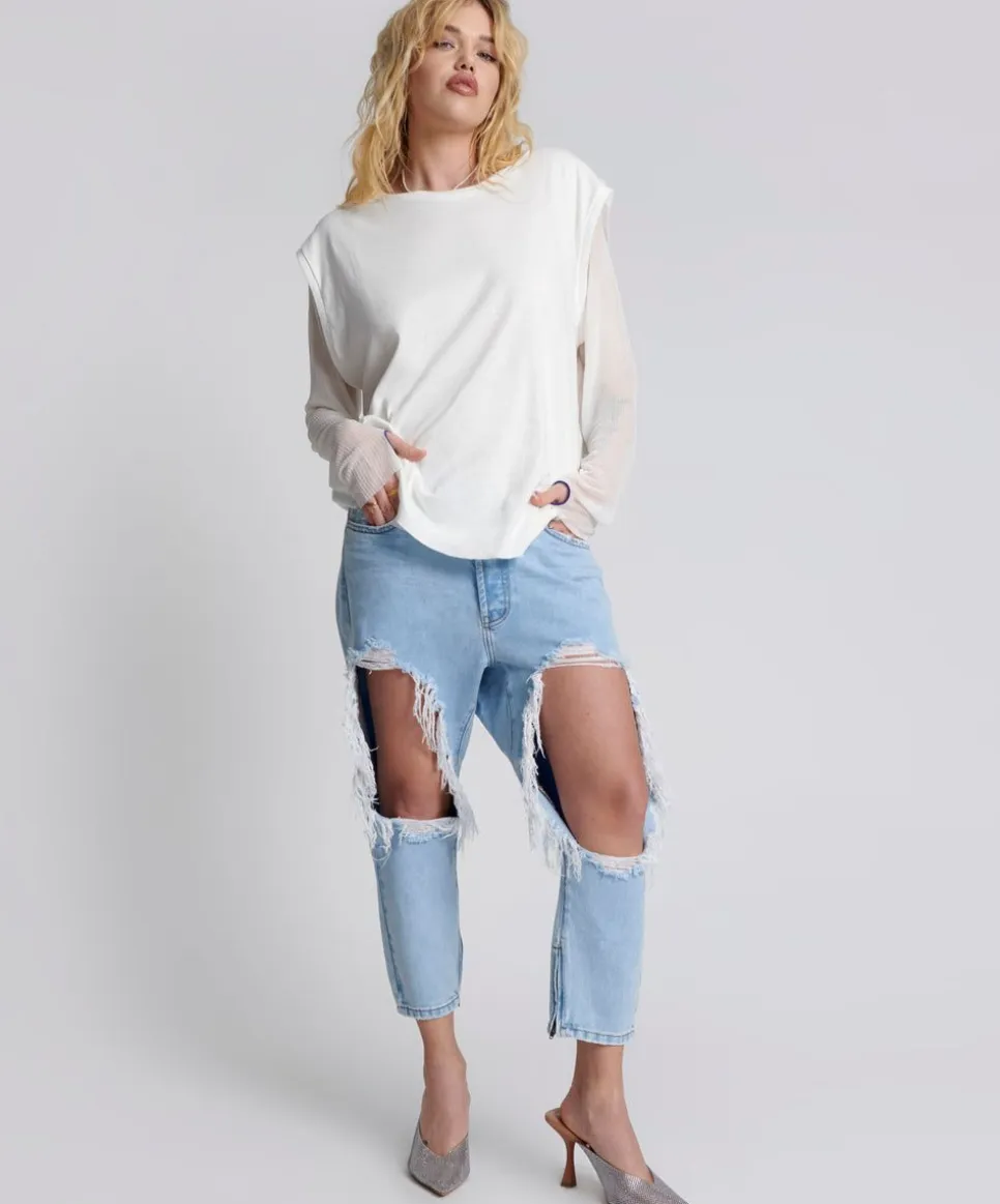 Denim Jeans|ONE TEASPOON Blue Latte Kingpins Cropped Boyfriend Jeans
