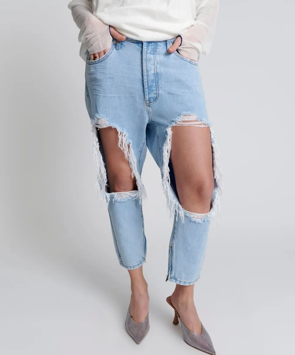 Denim Jeans|ONE TEASPOON Blue Latte Kingpins Cropped Boyfriend Jeans
