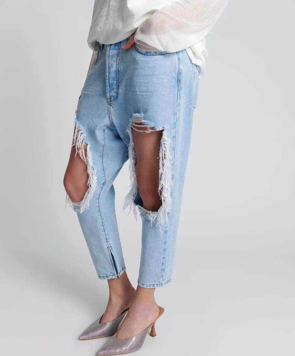 Denim Jeans|ONE TEASPOON Blue Latte Kingpins Cropped Boyfriend Jeans