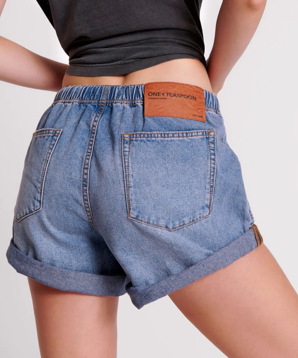 Denim Shorts|ONE TEASPOON Blue Lilac Shabby Bandit Drawstring Boyfriend Shorts