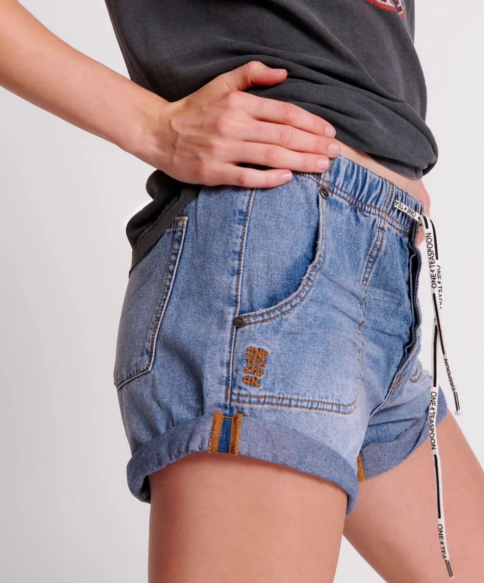 Denim Shorts|ONE TEASPOON Blue Lilac Shabby Bandit Drawstring Boyfriend Shorts