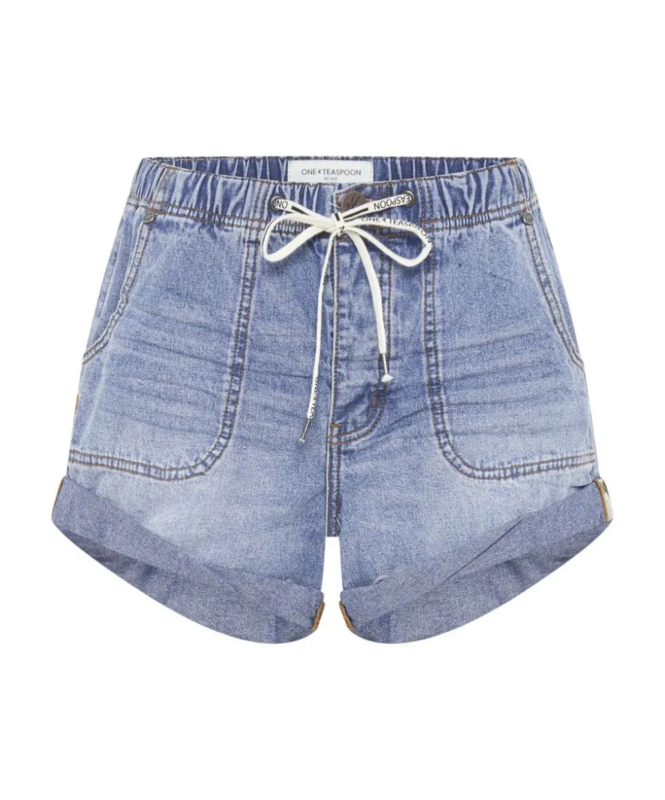 Denim Shorts|ONE TEASPOON Blue Lilac Shabby Bandit Drawstring Boyfriend Shorts