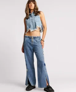 Denim Tops|ONE TEASPOON Bolt Blue Cropped Braxton Top