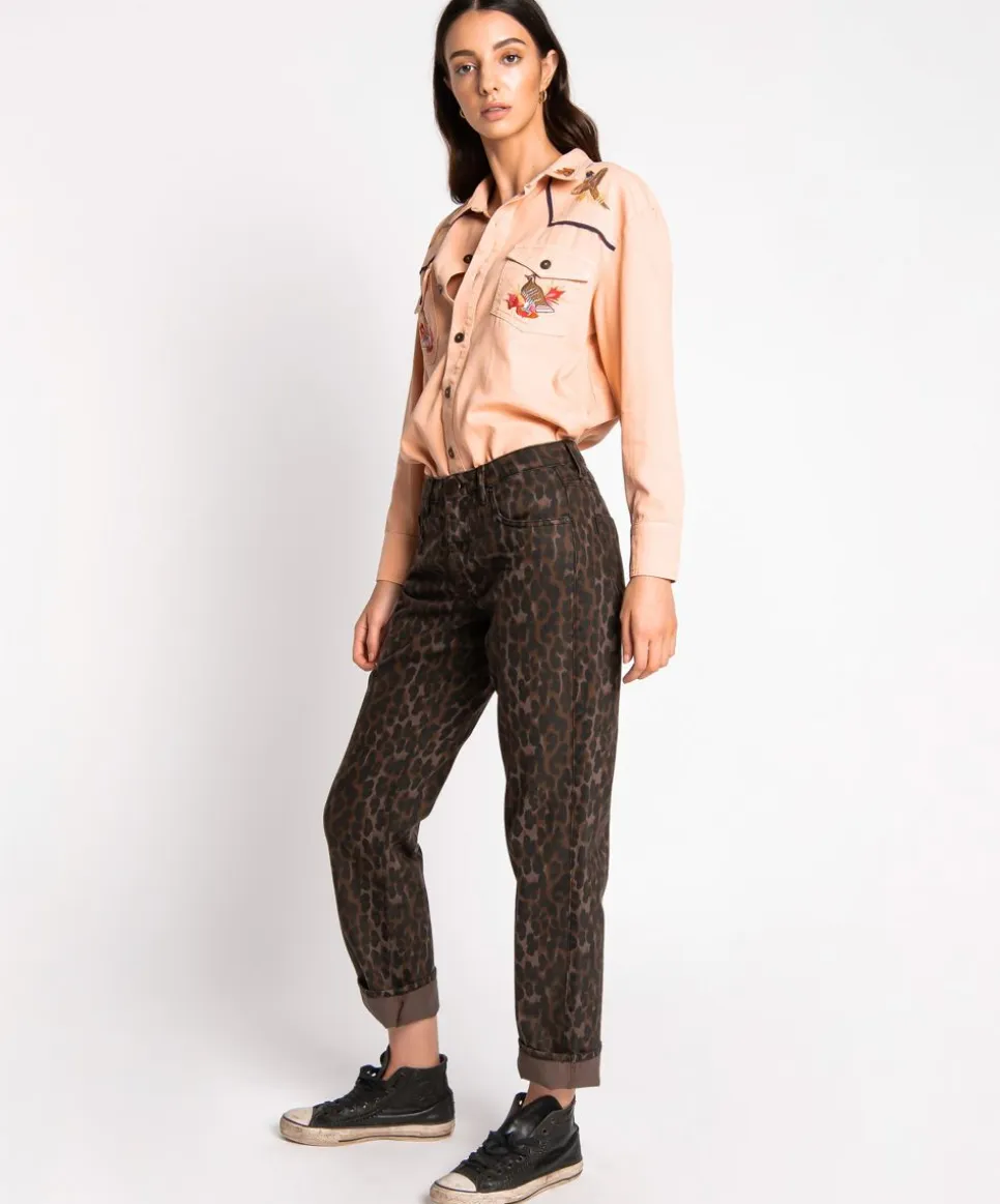Denim Jeans|ONE TEASPOON Bronze Leopard Truckers Mid Rise Straight Leg Jeans
