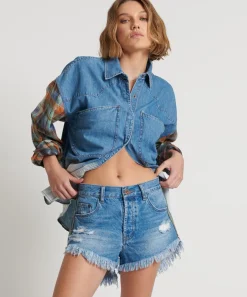Denim Shorts|ONE TEASPOON Ciao Blue Outlaws Mid Length Denim Shorts