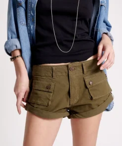 Denim Shorts|ONE TEASPOON Dark Khaki Cadet Bandits Low Waist Shorts