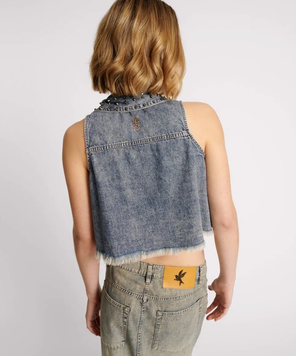 Denim Tops|ONE TEASPOON Dirty Blue Studded Braxton Top