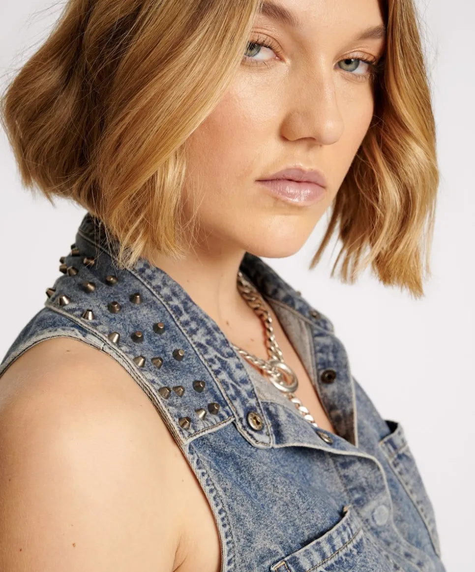 Denim Tops|ONE TEASPOON Dirty Blue Studded Braxton Top