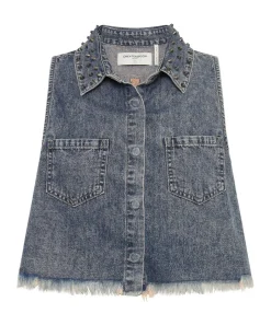 Denim Tops|ONE TEASPOON Dirty Blue Studded Braxton Top