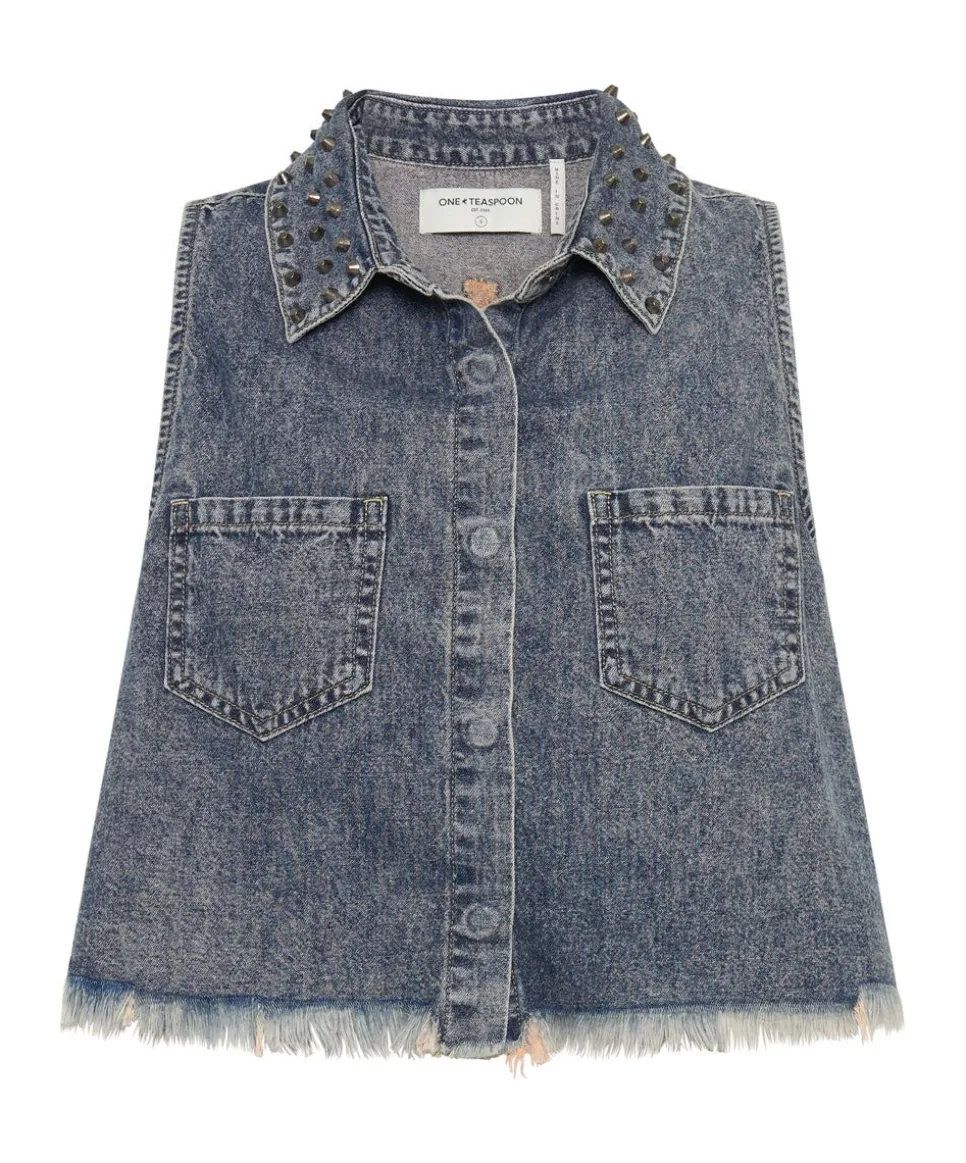 Denim Tops|ONE TEASPOON Dirty Blue Studded Braxton Top