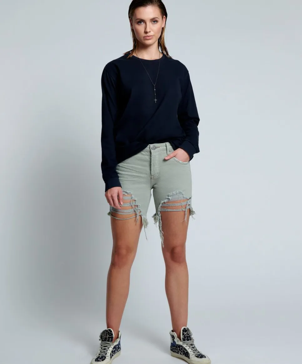Denim Shorts|ONE TEASPOON Faded Khaki Stevies Long Length Boyfriend Shorts