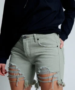 Denim Shorts|ONE TEASPOON Faded Khaki Stevies Long Length Boyfriend Shorts