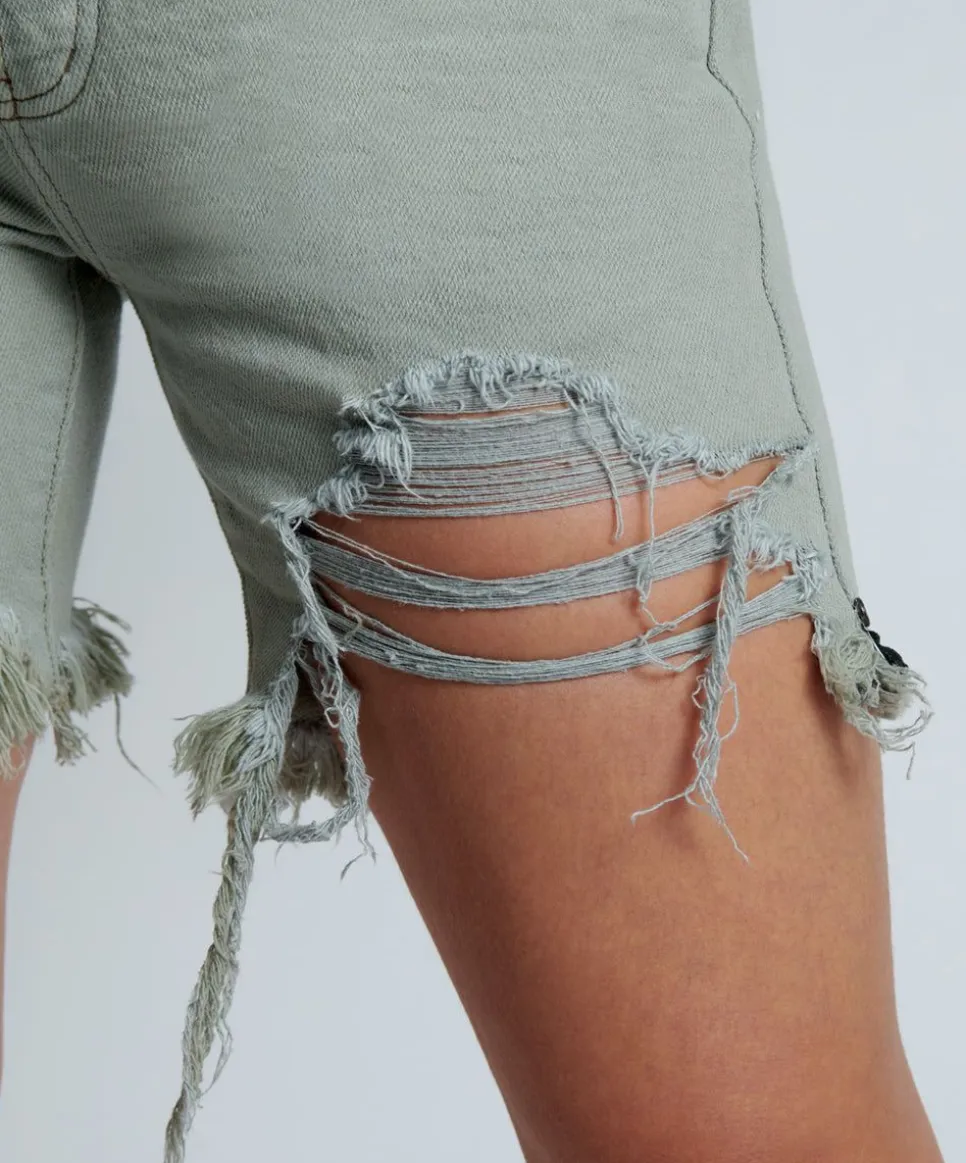Denim Shorts|ONE TEASPOON Faded Khaki Stevies Long Length Boyfriend Shorts
