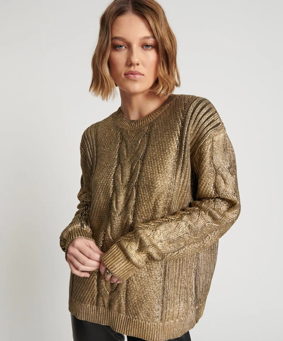 Knitwear|ONE TEASPOON Gold Foil Cable Spine Sweater