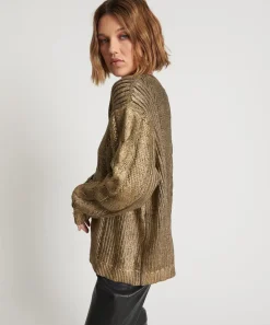 Knitwear|ONE TEASPOON Gold Foil Cable Spine Sweater