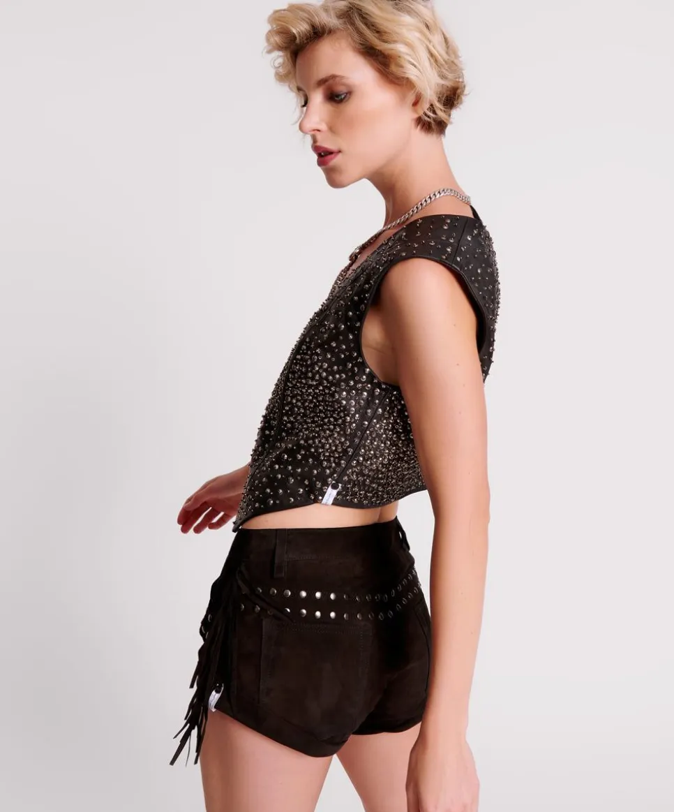 Bottoms|ONE TEASPOON Gothic Rodeo Fringed Suede Studded Bandits Low Waist Shorts