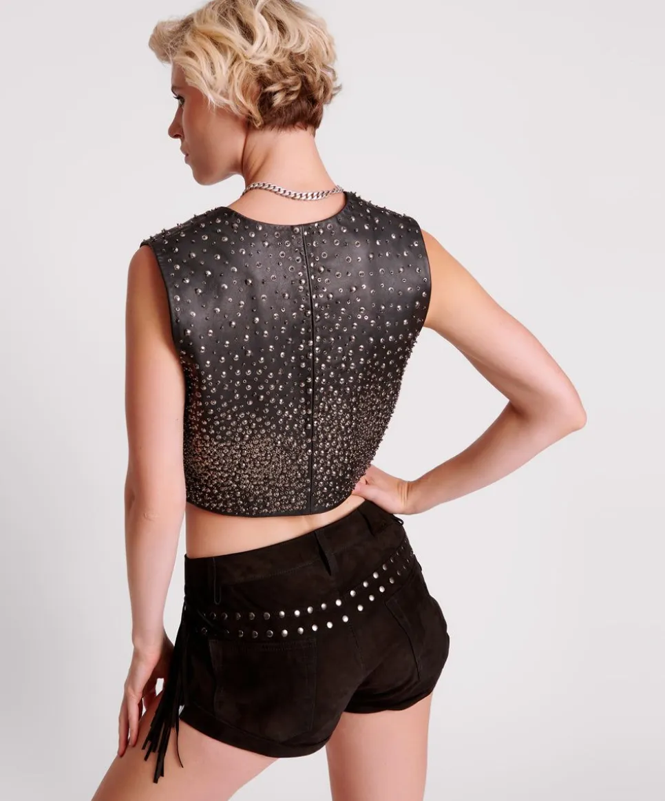 Bottoms|ONE TEASPOON Gothic Rodeo Fringed Suede Studded Bandits Low Waist Shorts