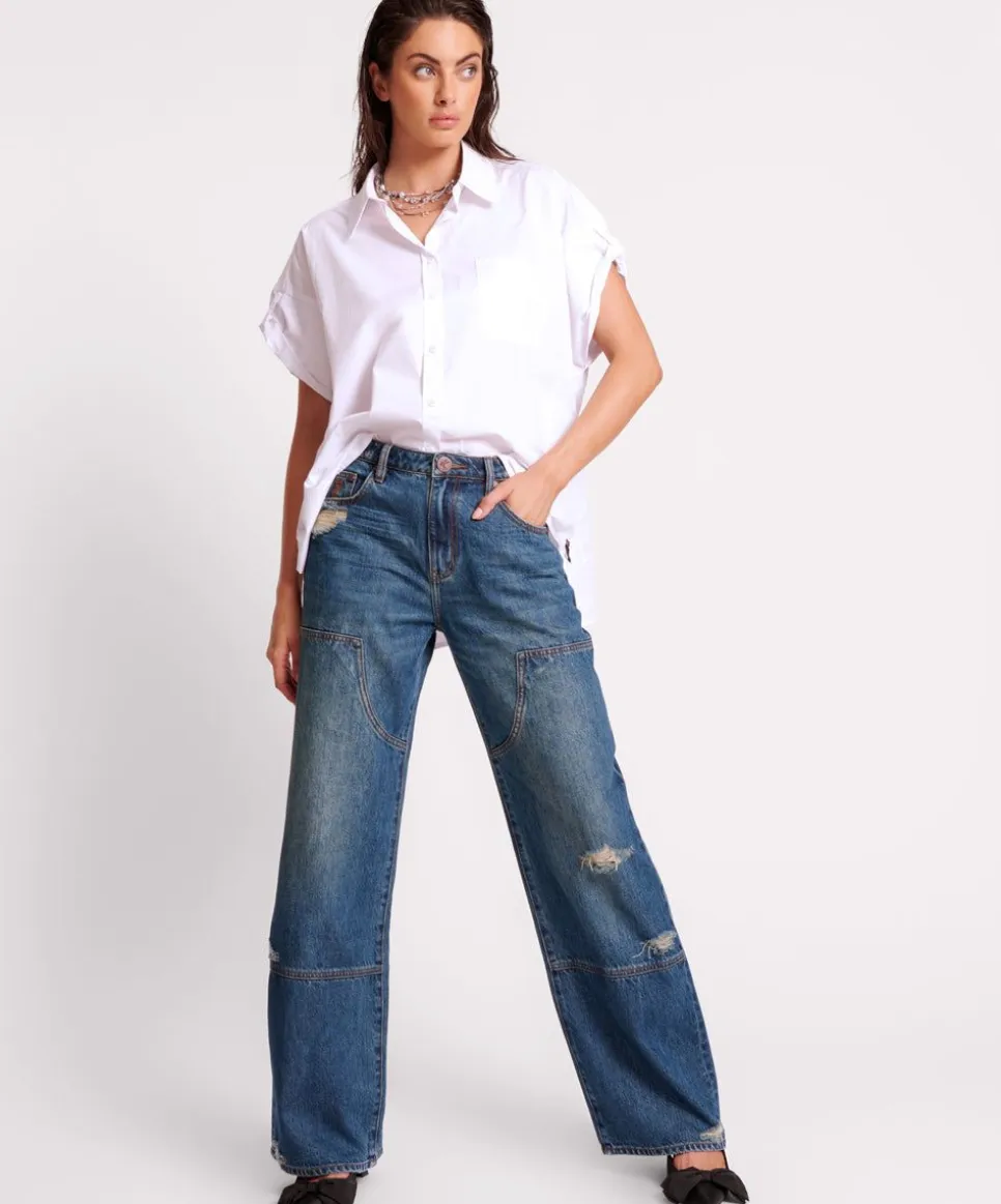 Denim Jeans|ONE TEASPOON Gritty Blue Jackson Utility Mid Waist Wide Leg Jeans
