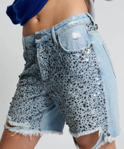 Denim Shorts|ONE TEASPOON Hand Beaded Jackson Mid Waist Wide Leg Shorts