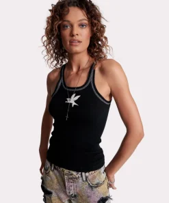 Tees & Tanks|ONE TEASPOON Jett Black Bower Bird Rib Singlet