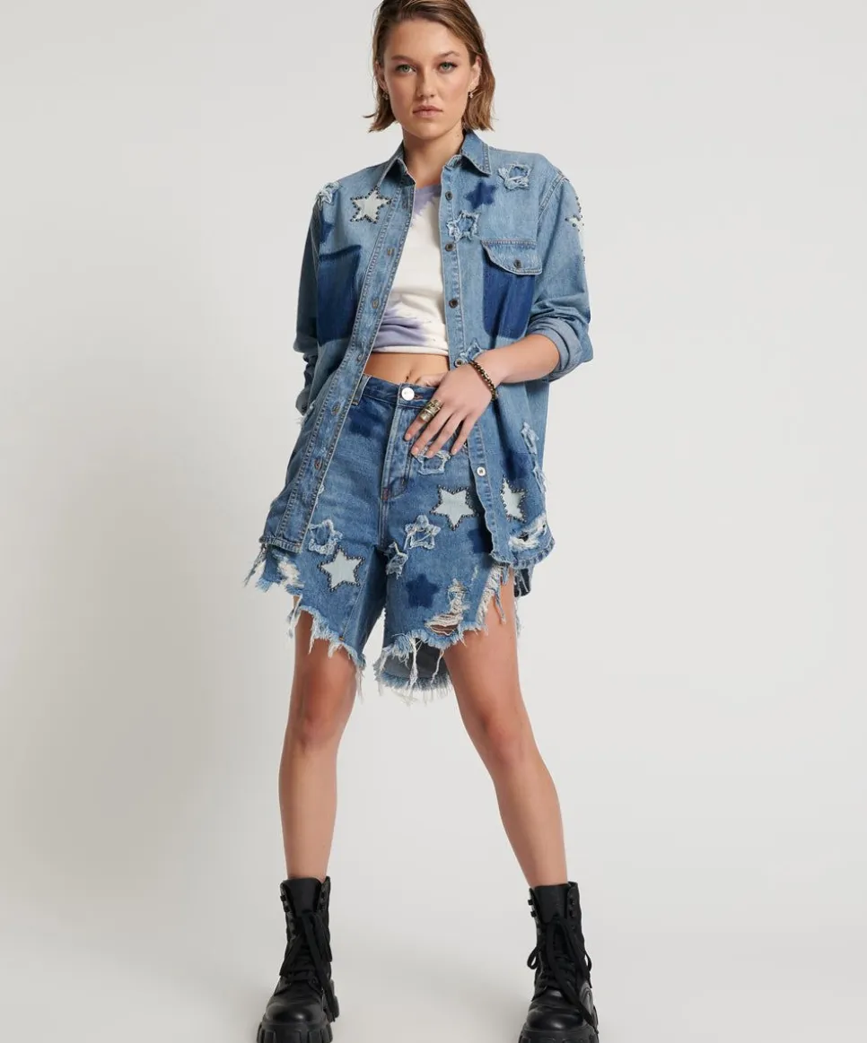 Denim Shorts|ONE TEASPOON Johnny Blue Star High Waist Frankies Long Length Denim Shorts