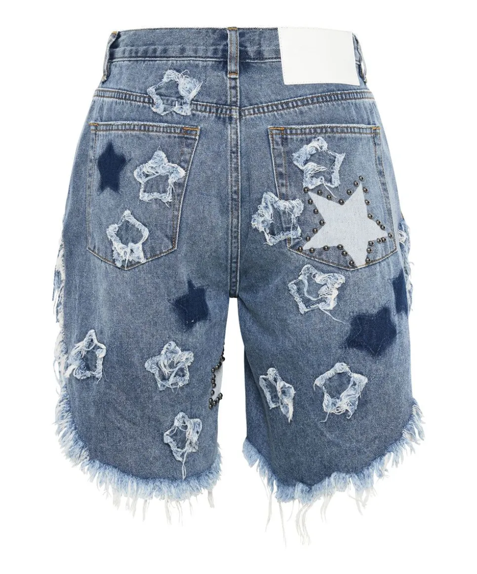 Denim Shorts|ONE TEASPOON Johnny Blue Star High Waist Frankies Long Length Denim Shorts
