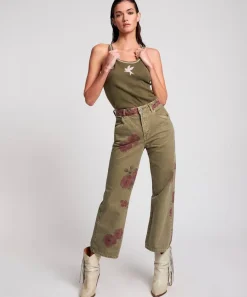 Denim Jeans|ONE TEASPOON Khaki Hibiscus Libertines High Waist Cropped Jeans
