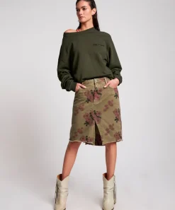 Denim Skirts|ONE TEASPOON Khaki Hibiscus Longline Trucker Mid Waist Denim Skirt