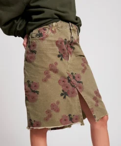 Denim Skirts|ONE TEASPOON Khaki Hibiscus Longline Trucker Mid Waist Denim Skirt