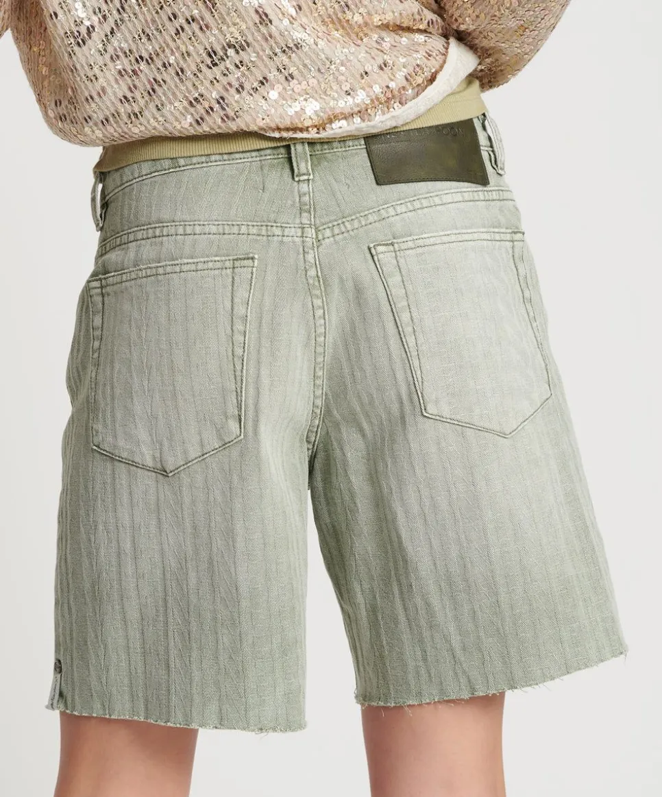 Denim Shorts|ONE TEASPOON Khaki Logo Jacquard Jackson Mid Waist Wide Leg Shorts