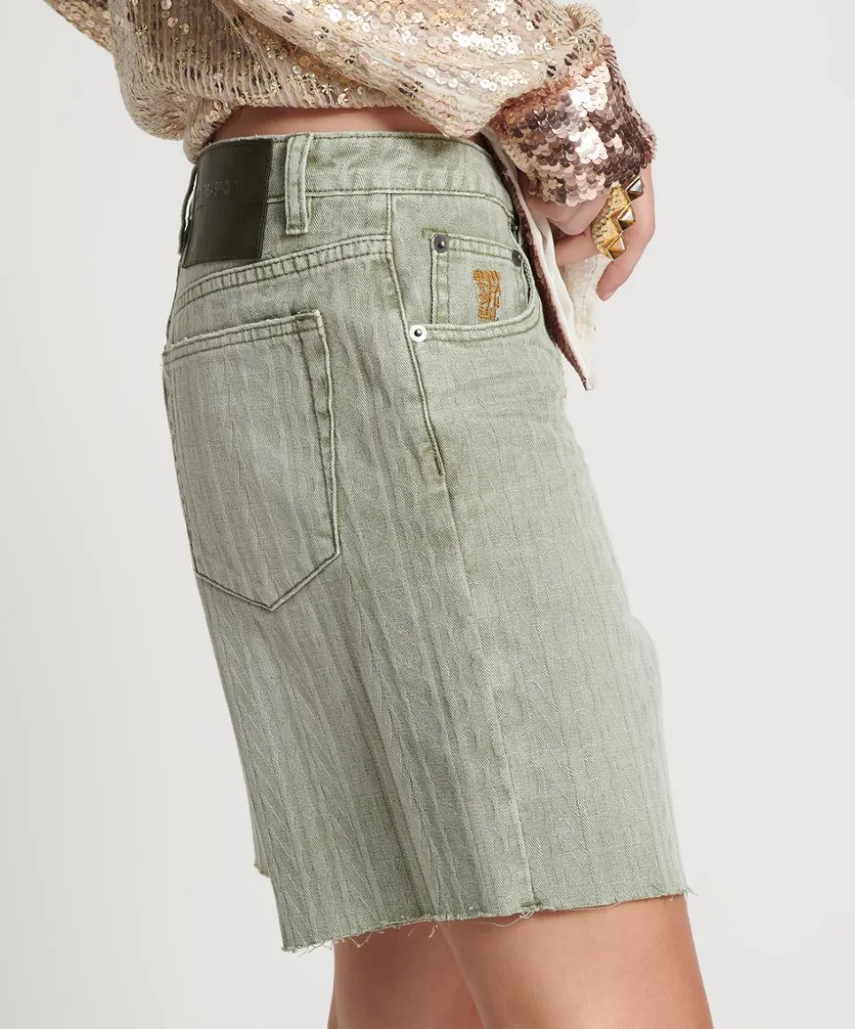 Denim Shorts|ONE TEASPOON Khaki Logo Jacquard Jackson Mid Waist Wide Leg Shorts