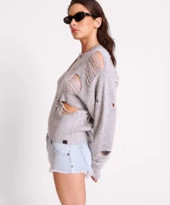 Knitwear|ONE TEASPOON Laddered V-Neck Distressed Sweater