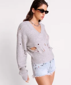 Knitwear|ONE TEASPOON Laddered V-Neck Distressed Sweater
